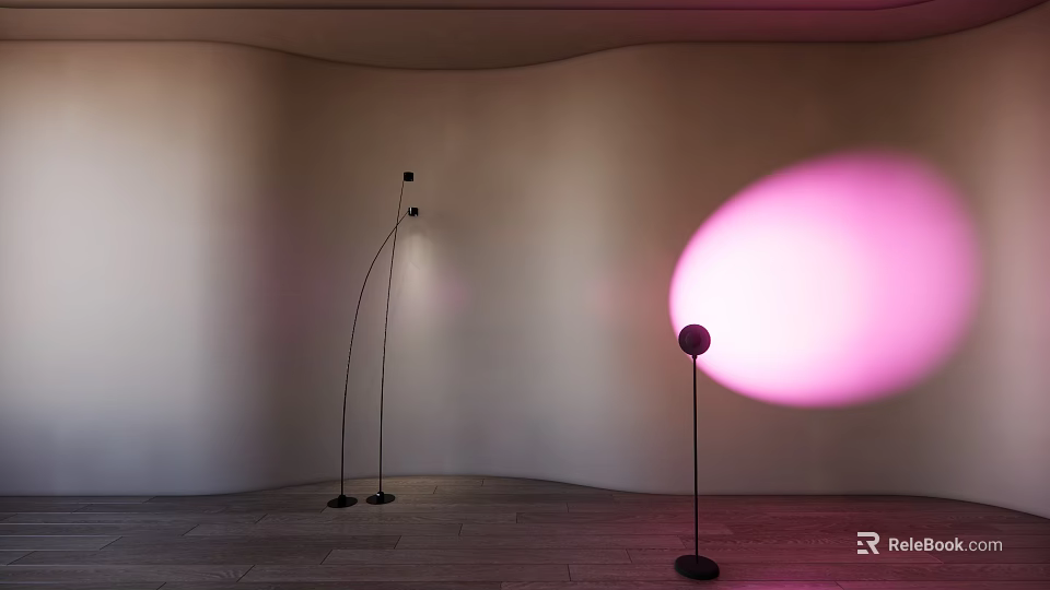 Modern Interior With Three Floor Lamps And Pink Light On Curved Wall Wooden Floor 3d model 