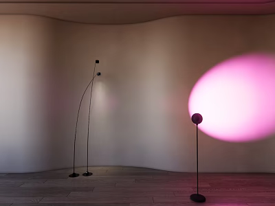 Modern Interior With Three Floor Lamps And Pink Light On Curved Wall Wooden Floor 3d model