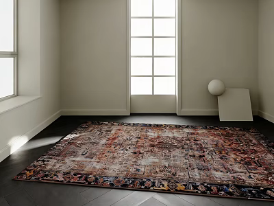 Stylish Rug With Vibrant Colorful Pattern In Modern Room With Large Window And Dark Flooring 3d model