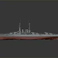 Detailed Warship Model With Gray Hull Red Bottom Deck Turrets And Masts