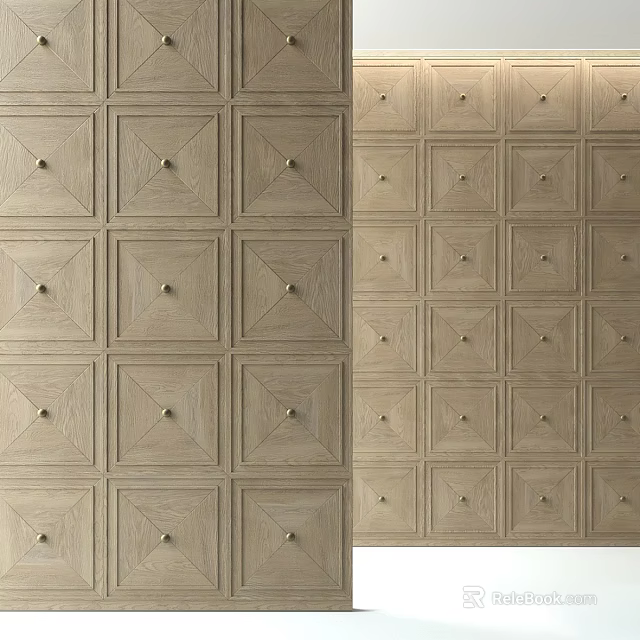 Elegant Light Wood Wall Paneling With Square Panels And Decorative Studs 3d model 