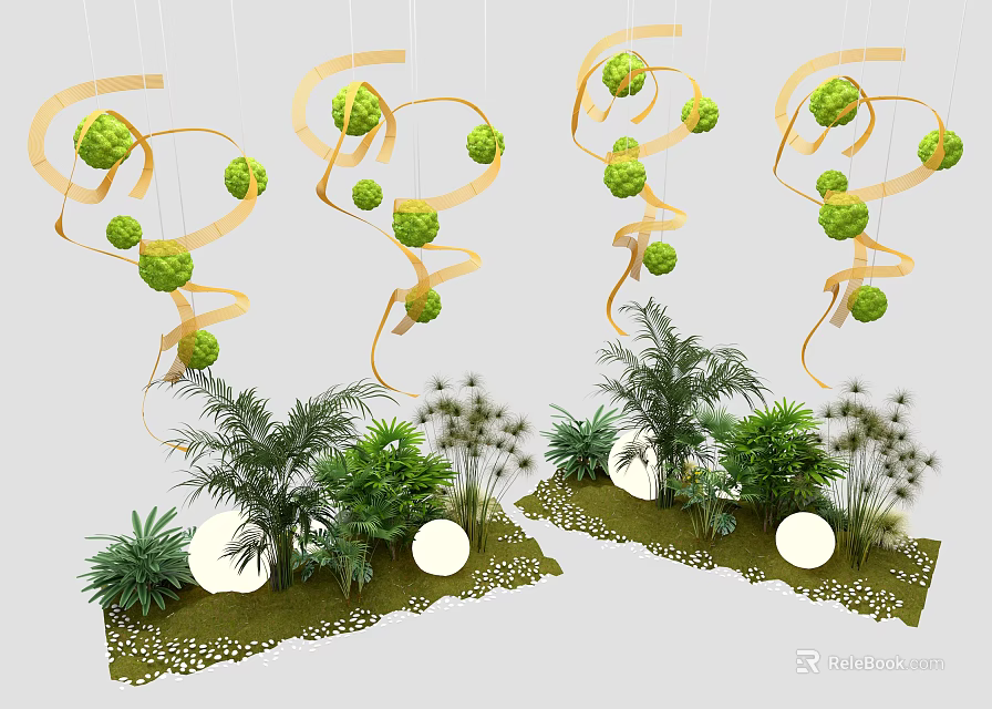 Plant Combination with Green Spherical Plants Spiral Golden Decorations Palm Trees Grasses and Round Ornaments 3d model 