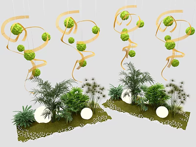 Plant Combination with Green Spherical Plants Spiral Golden Decorations Palm Trees Grasses and Round Ornaments 3d model