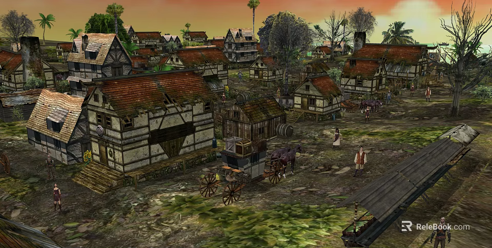 Cartoon Scenery of Medieval Village with Traditional Houses Horse-Drawn Carts People and Sunset 3d model 