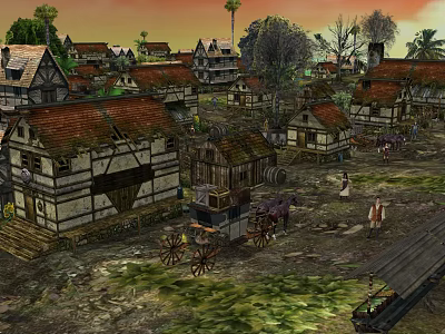 Cartoon Scenery of Medieval Village with Traditional Houses Horse-Drawn Carts People and Sunset 3d model
