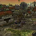 Cartoon Scenery of Medieval Village with Traditional Houses Horse-Drawn Carts People and Sunset