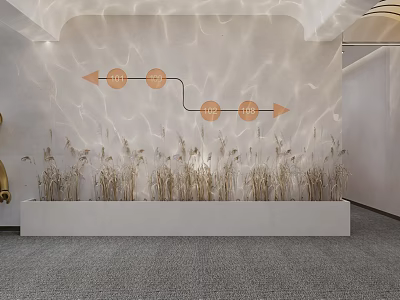 Hotel Corridor Modern Interior With Textured Wall Arrow Signs And Reeds 3d model