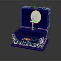 Blue Jewelry Box Interior With White Floral Patterns Ballet Dancer Figurine Mirror And Velvet Lining