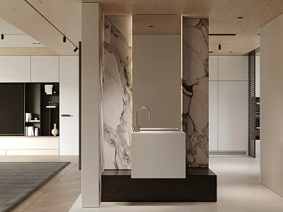 Modern Washbasin Design With Marble Wall Mirror And Black Base In Spacious Area 3d model