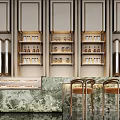 Modern Elegant Sales Office With Reception Desk Marble Countertop Golden Decorations Green Plants And Chandeliers