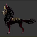 Mythical Red Horned Wolf Creature With Fluffy Black Fur And Golden Details