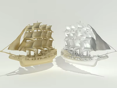 Detailed Golden and Silver Sailing Ship Models with Intricate Sails and Classic Design 3d model