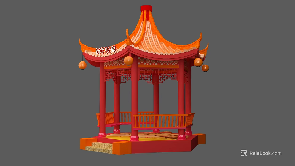Chinese Pavilion Photo Check-in Spot With Orange Roof Red Pillars And Hanging Lanterns 3d model 