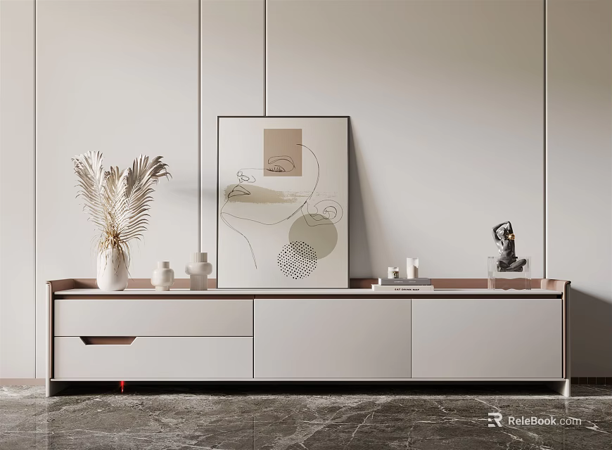 Modern Wooden TV Stand with Vase Plant Art Sculpture on Light Wall Marble Floor 3d model 