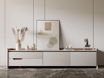 Modern Wooden TV Stand with Vase Plant Art Sculpture on Light Wall Marble Floor 3d model