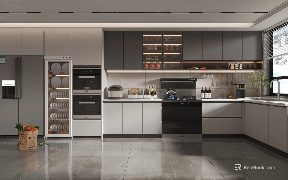 Modern Kitchen Interior Design With Island Counter Cabinets Open Shelves And Appliances 3d model 