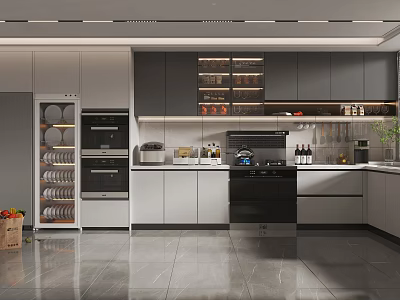 Modern Kitchen Interior Design With Island Counter Cabinets Open Shelves And Appliances 3d model