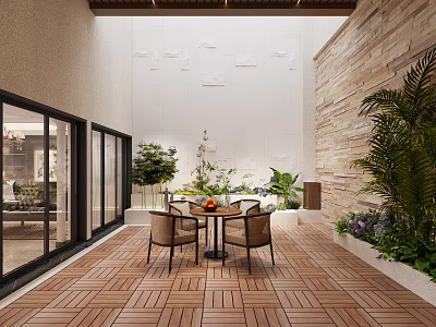 Open Garden Patio With Glass Doors Wooden Flooring Table Chairs Green Plants And Stone Wall 3d model