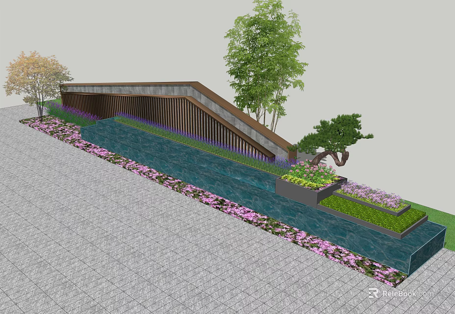 Modern Feature Wall Design With Trees Pink Flowers Water Feature And Paved Ground 3d model 