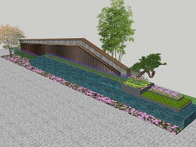 Modern Feature Wall Design With Trees Pink Flowers Water Feature And Paved Ground 3d model