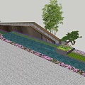 Modern Feature Wall Design With Trees Pink Flowers Water Feature And Paved Ground