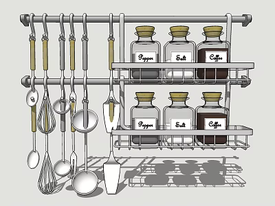 Organized Kitchen Utensils Spatulas Spoons on Wall Mounted Rack with Spice Jars 3d model