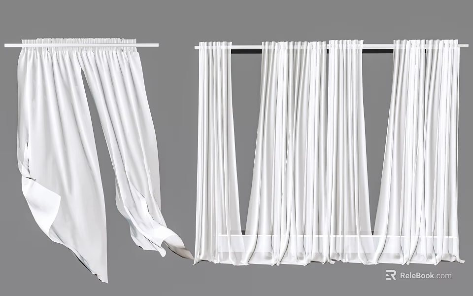 White Modern Curtains Home Decor Window Treatment With Pleated Fabric Design And Style 3d model 