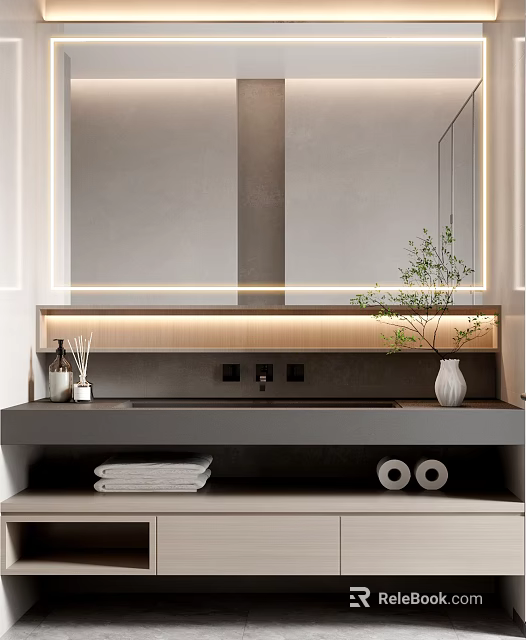 Modern Bathroom Vanity With Backlit Mirror Countertop Sink Storage And Decorative Vase 3d model 