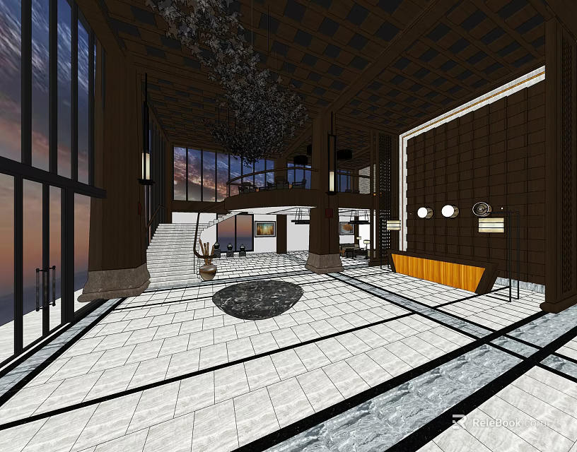 Spacious Modern Hotel Lobby Interior With Large Windows Decorative Ceiling And Tile Floor 3d model