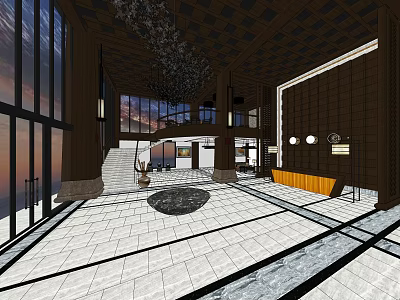 Spacious Modern Hotel Lobby Interior With Large Windows Decorative Ceiling And Tile Floor 3d model