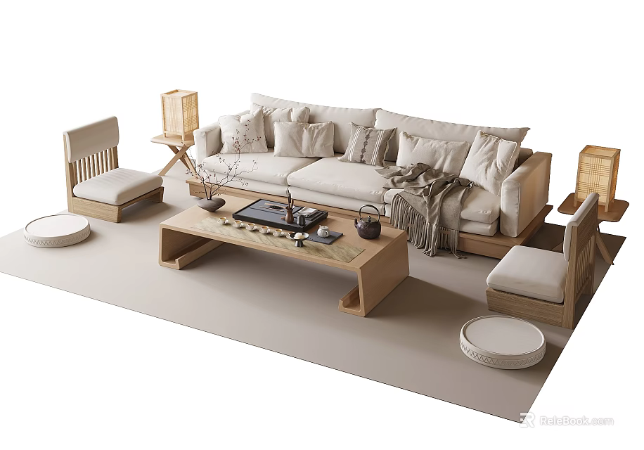 Natural Style Sofa and Coffee Table Set with Pillows Blanket Round Stools and Lantern Lights 3d model 