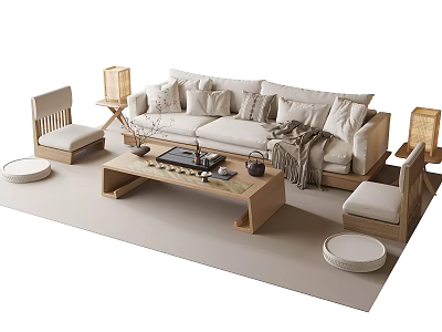 Natural Style Sofa and Coffee Table Set with Pillows Blanket Round Stools and Lantern Lights 3d model