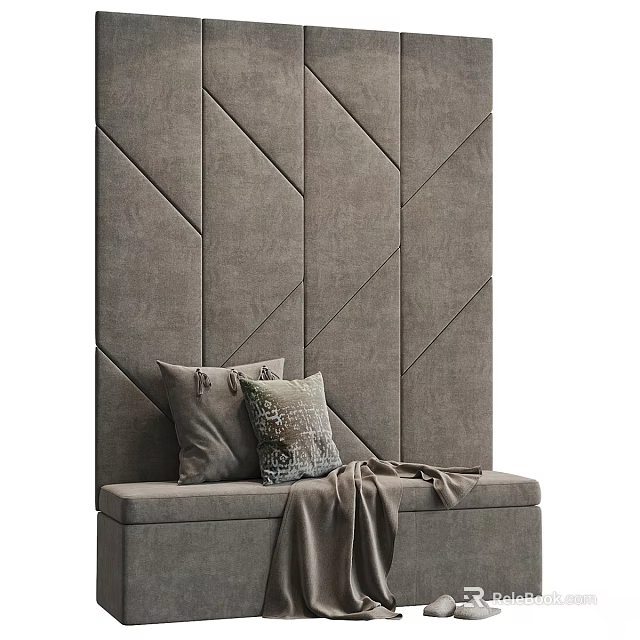 Grey Sofa Bench With Geometric Pattern Wall Throw Pillows And Blanket 3d model