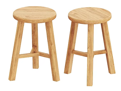 Two Natural Wooden Stools With Round Seat And Cross Support Design 3d model