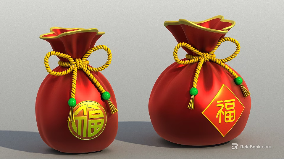 Red Fortune Bags With Golden Fu Characters Yellow Ropes And Green Beads 3d model 
