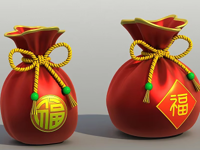 Red Fortune Bags With Golden Fu Characters Yellow Ropes And Green Beads 3d model