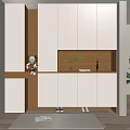 Entryway Hallway With White Cabinets Brown Countertop Decorative Items Plants Shoes And Rug
