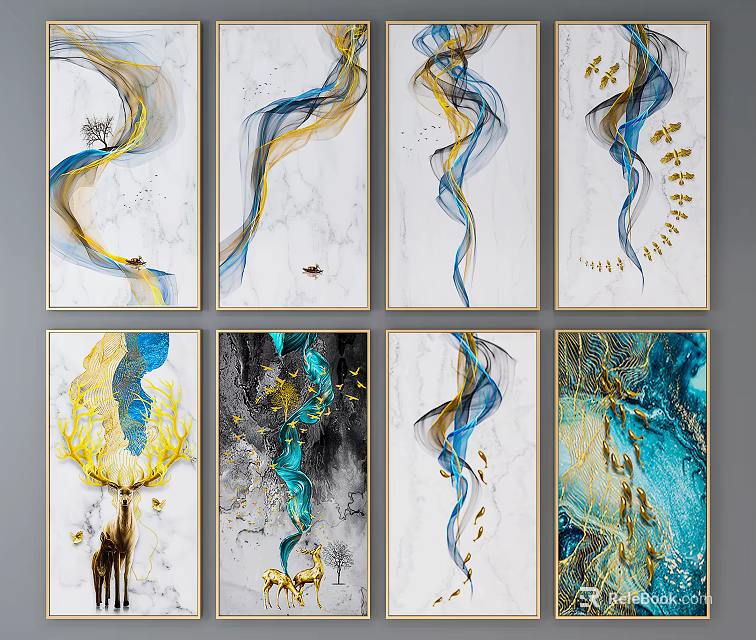 Elegant Abstract Paintings With Blue Gold Flowing Lines And Deer Elements 3d model