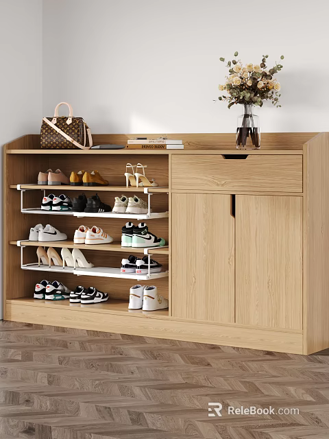 Wooden Shoe Cabinet With Multiple Shelves Double Doors Drawer And Decorative Top Storage For Shoes 3d model 