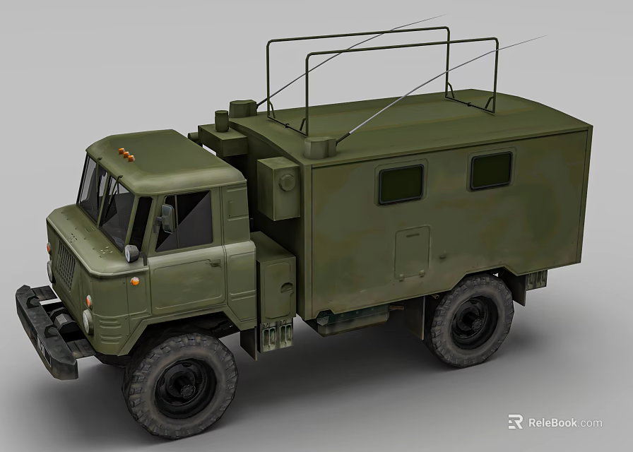 Olive Green Functional Military Truck With Metal Frame Antennas And Cargo Compartment 3d model 