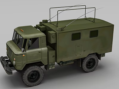 Olive Green Functional Military Truck With Metal Frame Antennas And Cargo Compartment 3d model