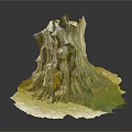 Natural Wooden Tree Stump Decoration With Detailed Texture And Green Grass Base