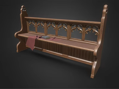Wooden Public Bench With Gothic Carved Design Red Cloth And Books On Seat 3d model