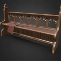 Wooden Public Bench With Gothic Carved Design Red Cloth And Books On Seat