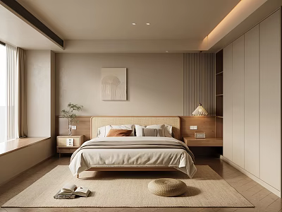Modern Bedroom Interior Design With Wooden Headboard Decorative Painting Bay Window And Soft Rug 3d model