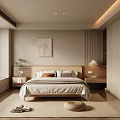 Modern Bedroom Interior Design With Wooden Headboard Decorative Painting Bay Window And Soft Rug