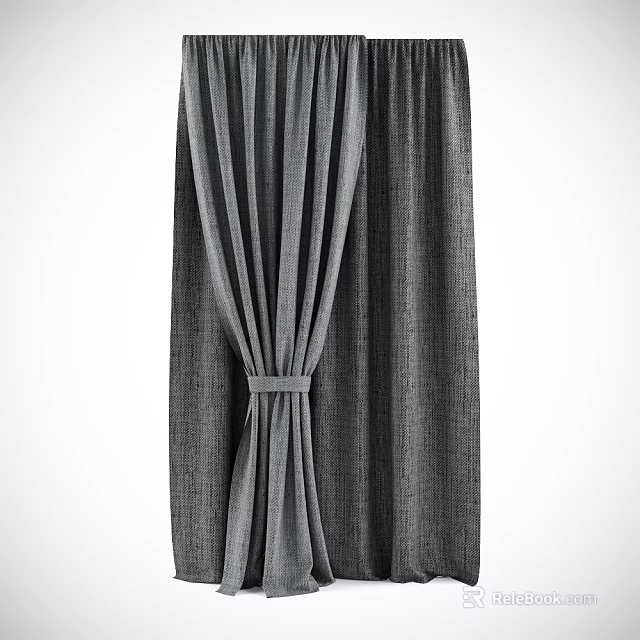 Gray Pleated Fabric Curtains With Simple Tie Detail For Modern Home 3d model 
