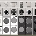 Various Front Loading Washing Machines With White And Black Modern Designs Arranged In Rows 3d model