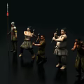Game Movie Characters In Five Different Costumes With Armor And Weapons In Various Poses
