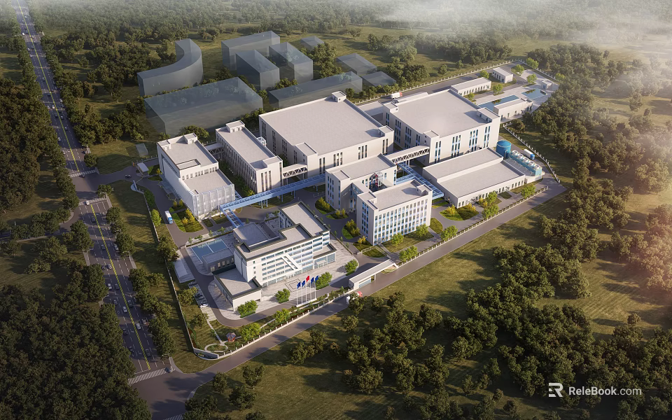 Modern Industrial Factory Complex Surrounded by Green Trees With Multiple Buildings And Road Access 3d model